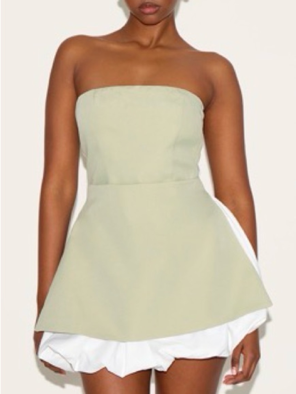 PrettyLittleThing Sage Green Strapless Peplum Mini Dress with White Ruffle Hem